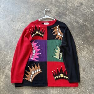 Vintage 90s JSong Oversized Sweater Womens XL Black Red Queen's Crown Royalty